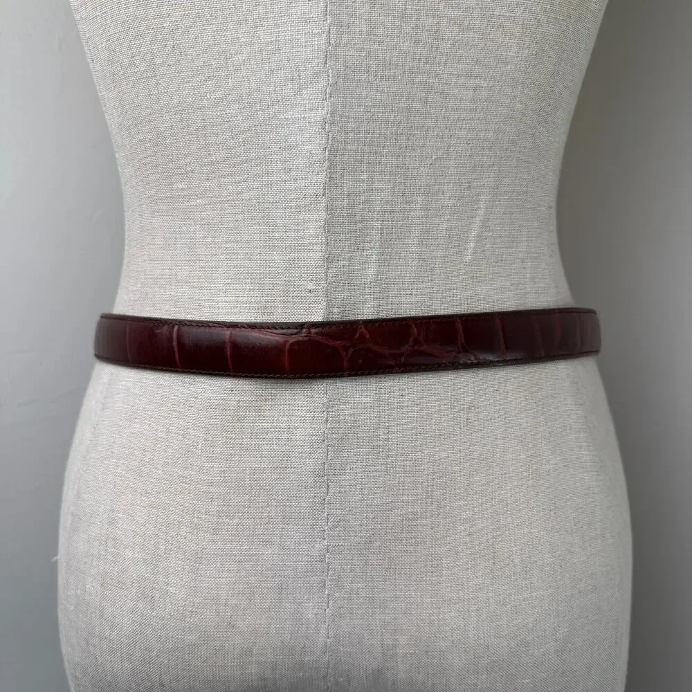 Vintage Joan & David Calfskin Brown Leather Belt Croc Embossed 90s Minimal